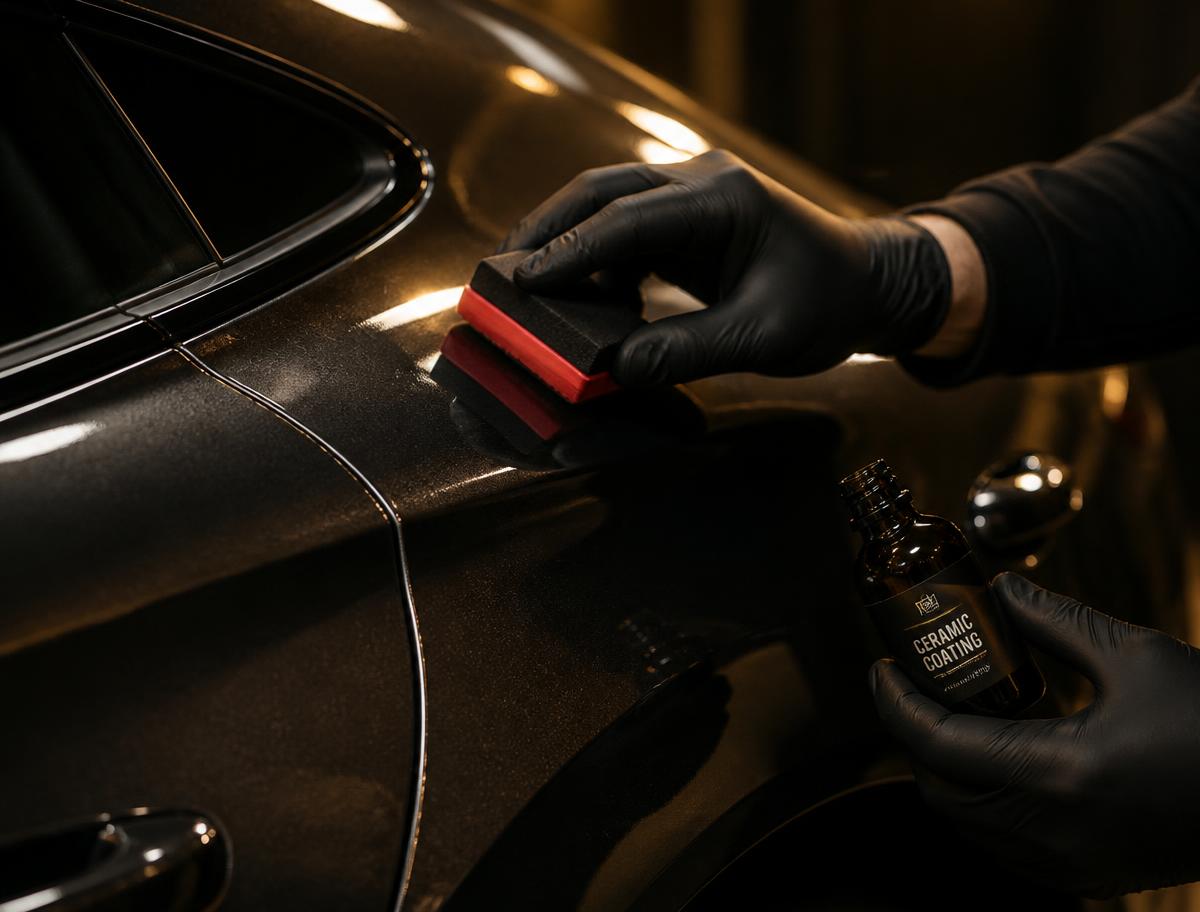 Detailer applying ceramic coating to a glossy dark car panel