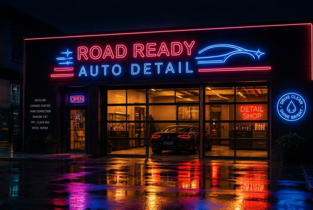 Toronto Road Ready detailing shop exterior in the evening
