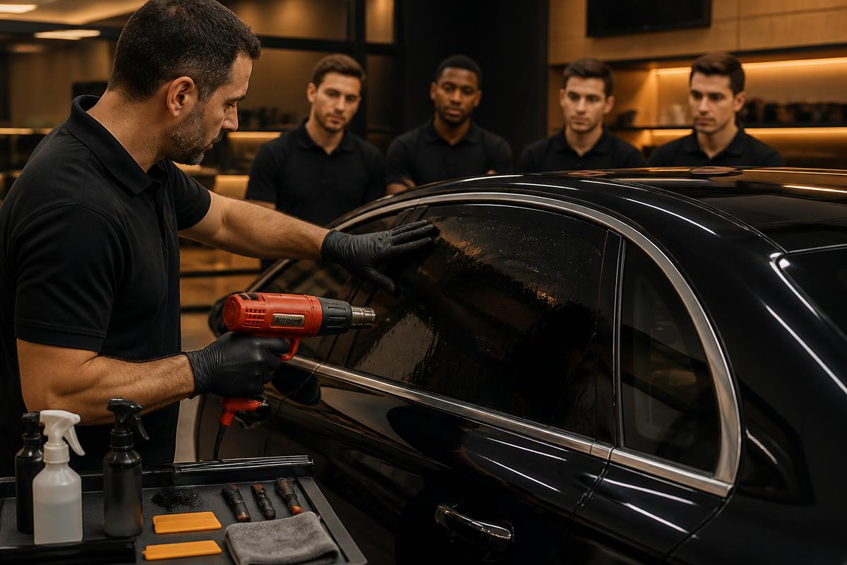 Instructor teaching students hands-on window tinting installation in the Road Ready shop